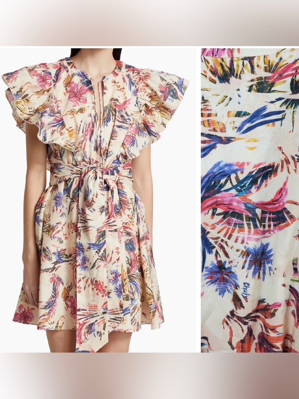Chufy Miya Mini Dress Cotton Flutter Sleeve Belted Floral Cream Multi Mediu